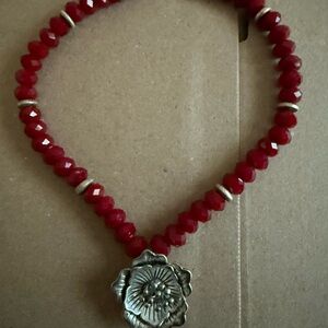 Red Bead Necklace with Floral Pendant - Unbranded
